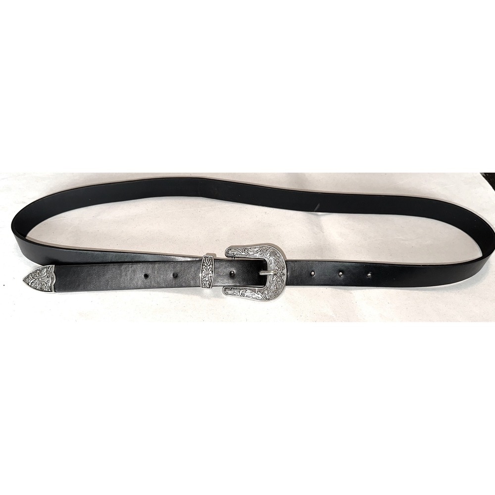 Western Black Faux Leather Belt Engraved Silver Buckle Floral Scroll Boho 46in